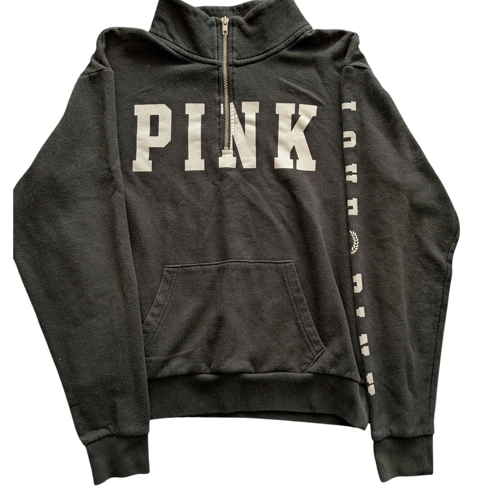 PINK Victoria's Secret Logo Quarter Zip Gray Sweatshirt Front Pocket Y2K Size XS
